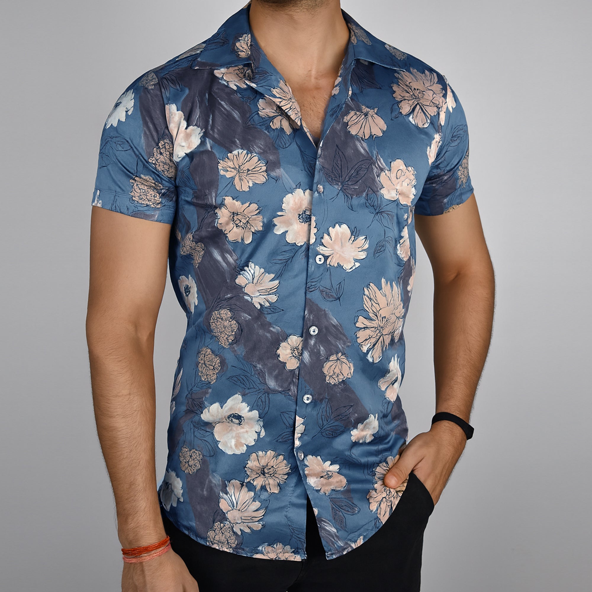 Men’s Floral Printed Slim Fit stretchable Shirt – Short Sleeve, Casual Wear-Blue