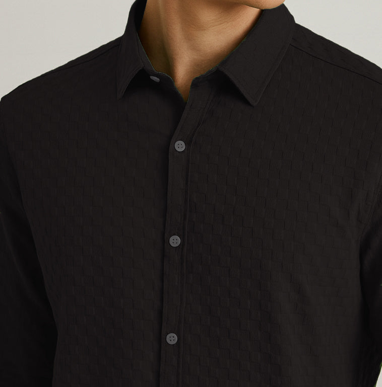 Men's Casual Checks Textured Popcorn Shirts- Black