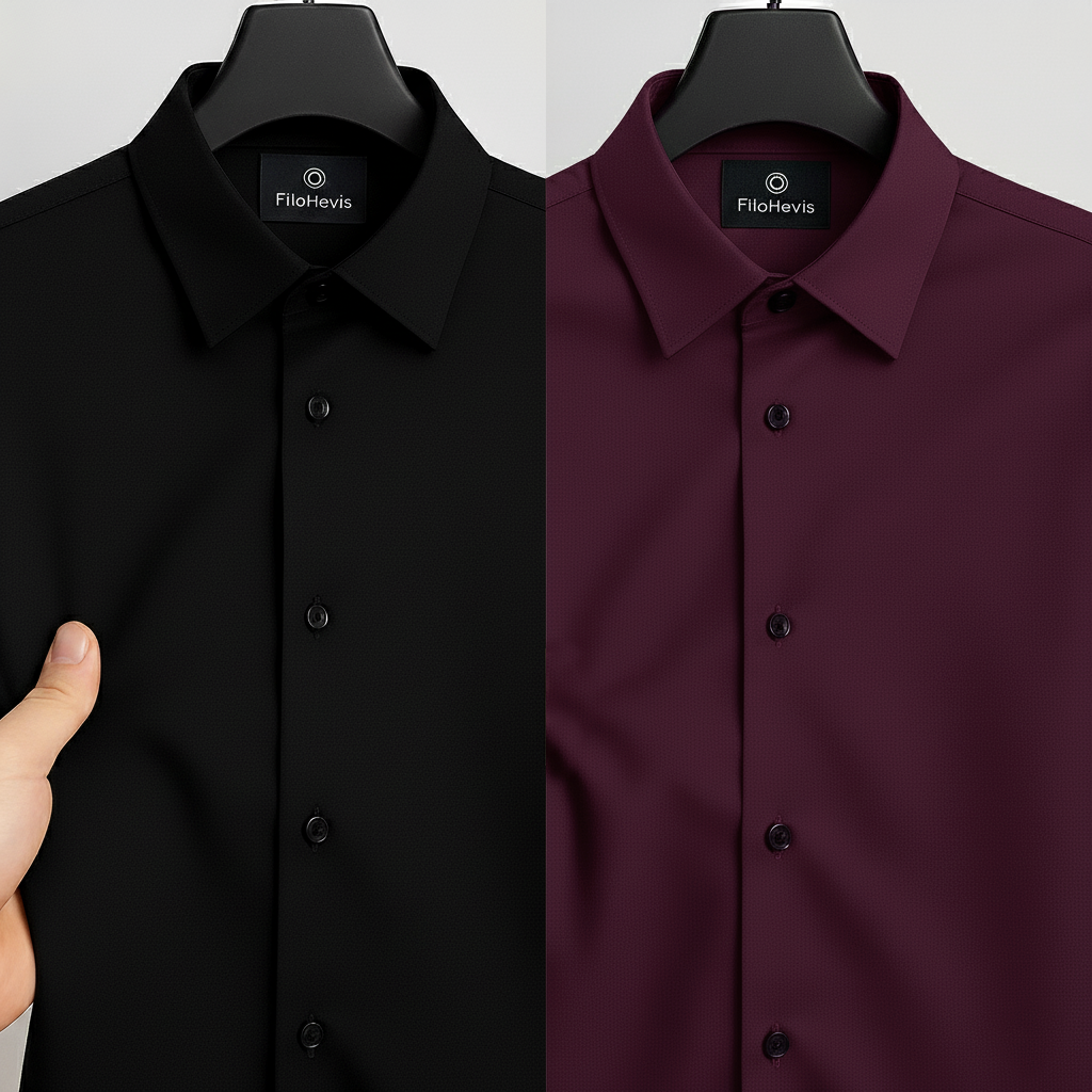 Combo of 2 Men's Satin Lycra formal Full Sleeve Shirt Black & Dark Maroon
