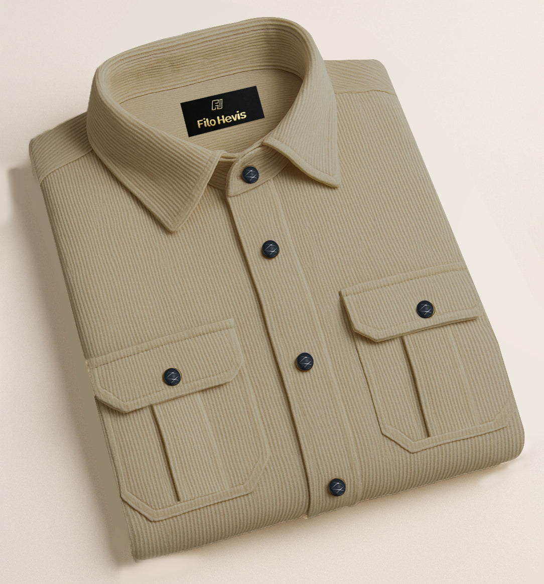 Men's Corduroy Shirt | Double Pocket Casual Shirt for Men | Full Sleeve 21-Wales Corduroy Shirt-Cream