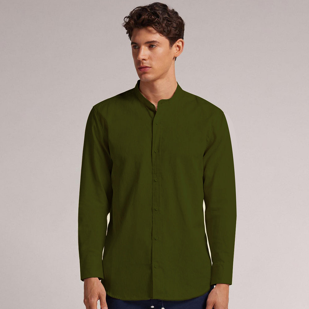 MEN’S CHINESE COLLAR SHIRT | FULL SLEEVE COTTON LINEN T-NECK SHIRT | DARK GREEN COLOR
