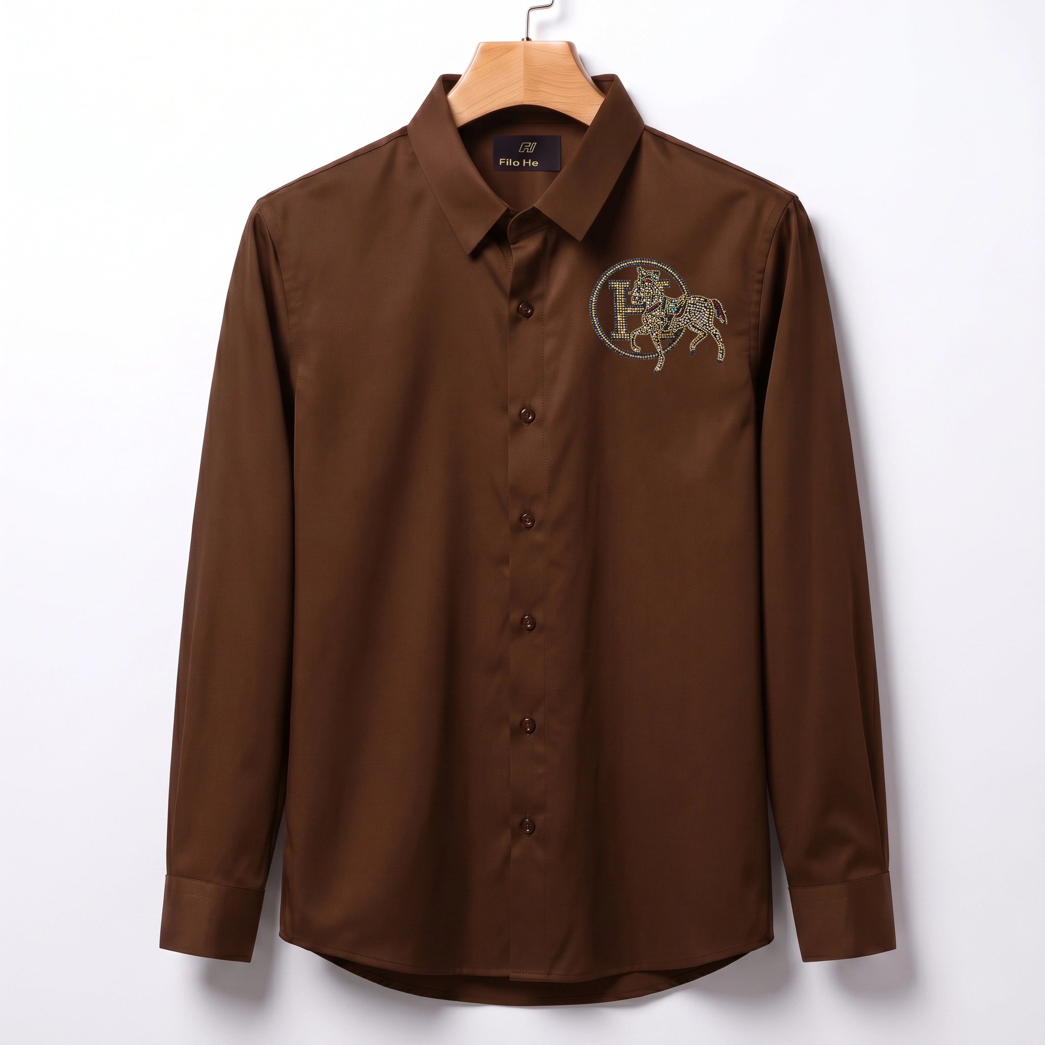 Front & Back Horse Embroidery Party Shirts | Club Wear | Brown