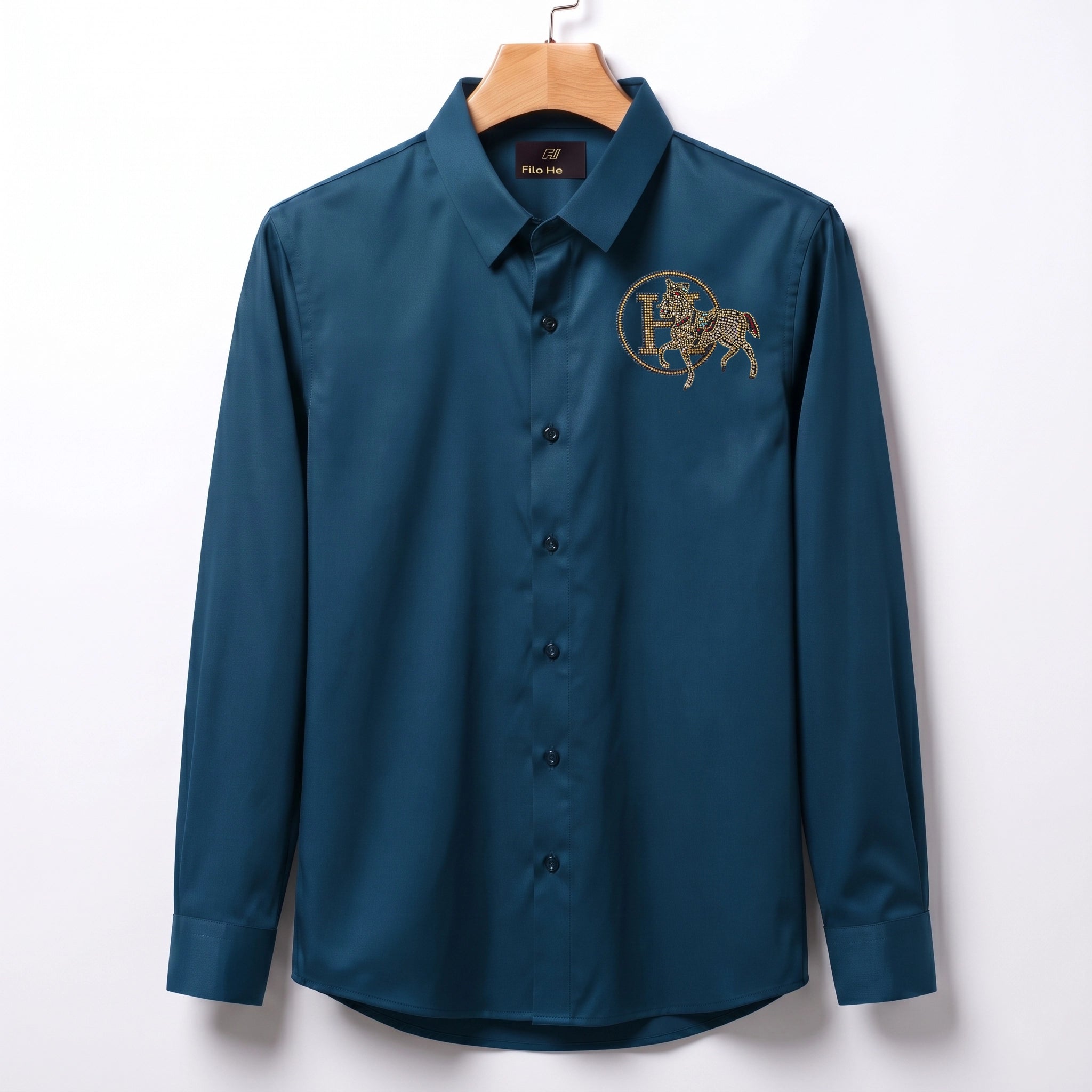 Front & Back Horse Embroidery Party Shirts | Club Wear | Teal Blue