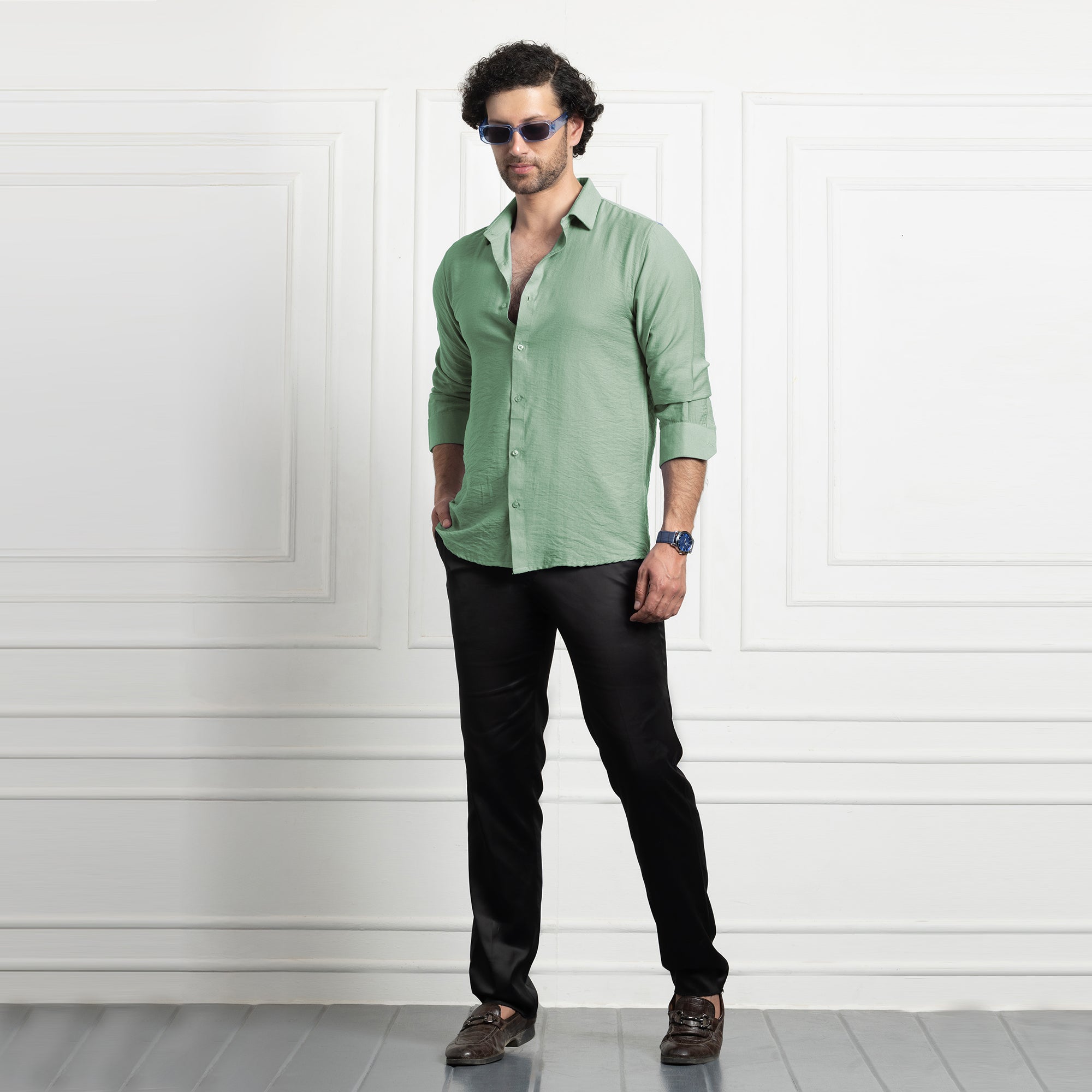 IMPORTED LINEN SHIRT FOR THE MODERN MEN | IRON FREE CASUAL (SYNTHETIC LINEN) SHIRT--Light Green