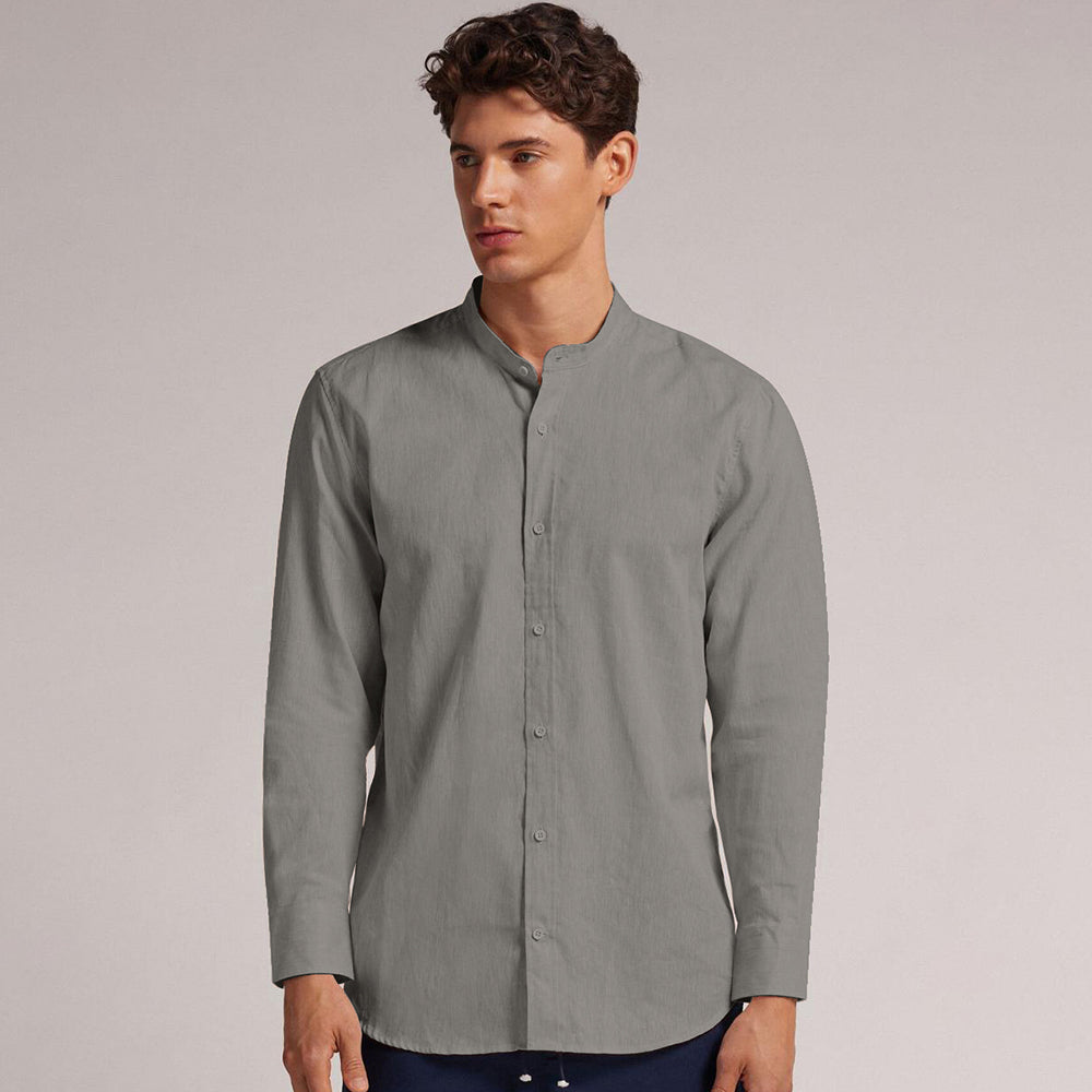 MEN’S CHINESE COLLAR SHIRT | FULL SLEEVE COTTON LINEN T-NECK SHIRT | GREY COLOR