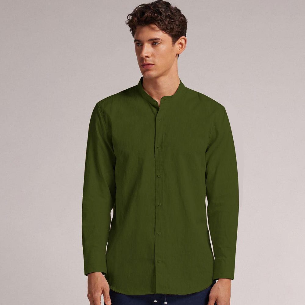 MEN’S CHINESE COLLAR SHIRT | FULL SLEEVE COTTON LINEN T-NECK SHIRT | MEHANDI GREEN COLOR