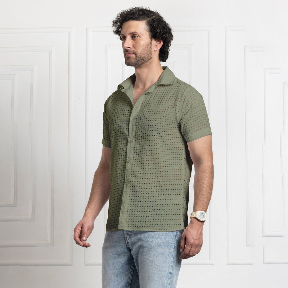 Men's Net Self Cuban Collar Casual Shirt Olive Green Filo Hevis