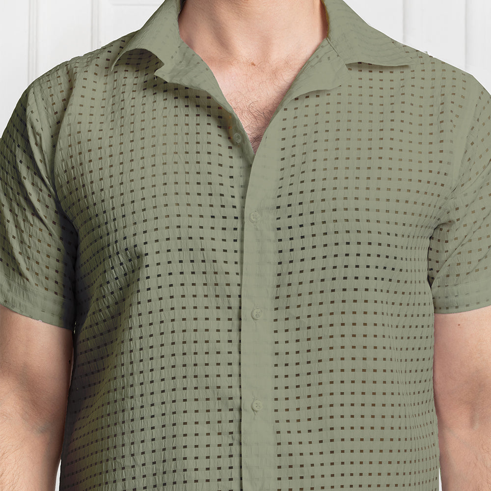 Men's Net Self Cuban Collar Casual Shirt Olive Green Filo Hevis