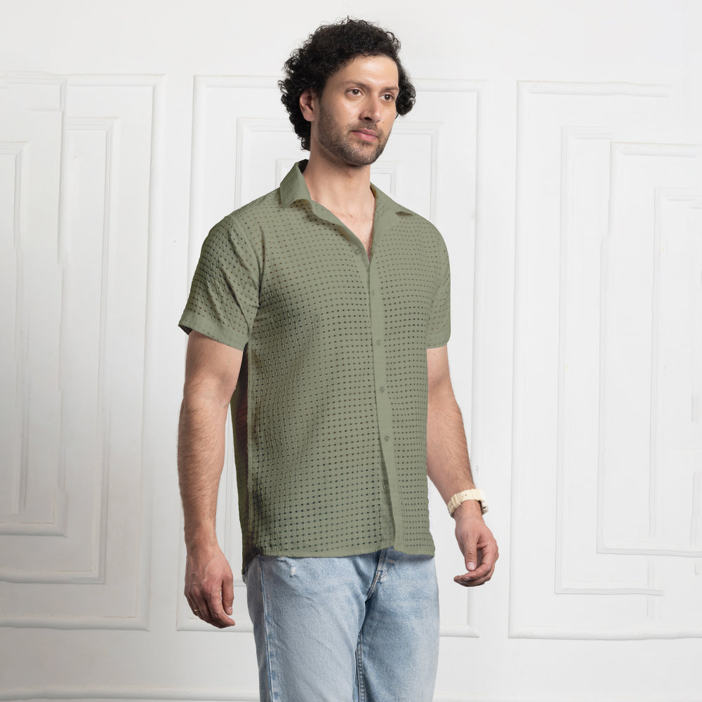 Men's Net Self Cuban Collar Casual Shirt Olive Green Filo Hevis