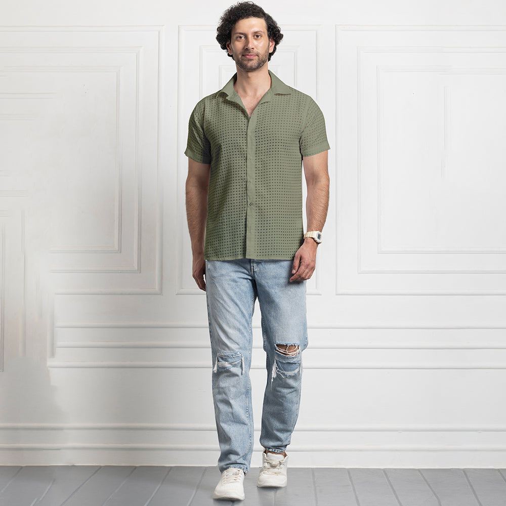 Men's Net Self Cuban Collar Casual Shirt Olive Green Filo Hevis