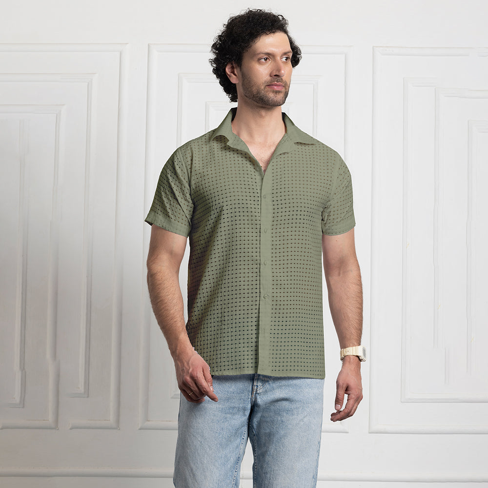 Men's Net Self Cuban Collar Casual Shirt Olive Green Filo Hevis