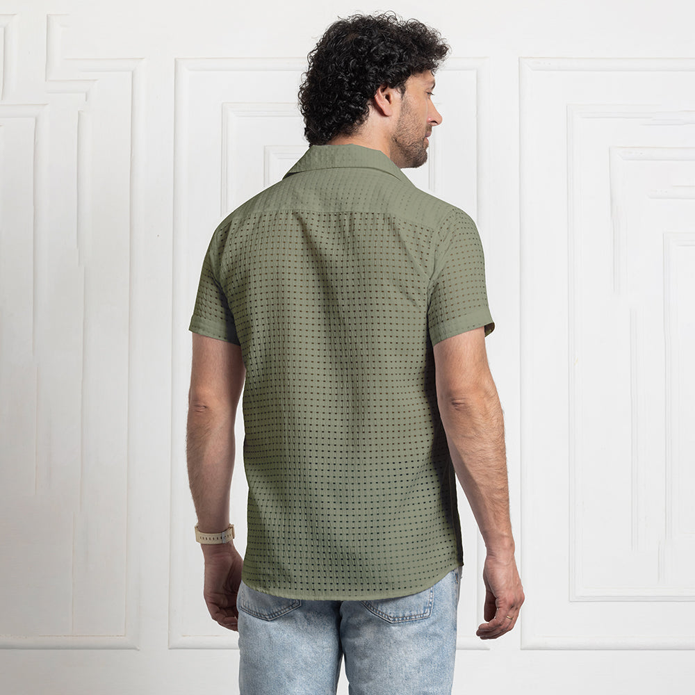 Men's Net Self Cuban Collar Casual Shirt Olive Green Filo Hevis
