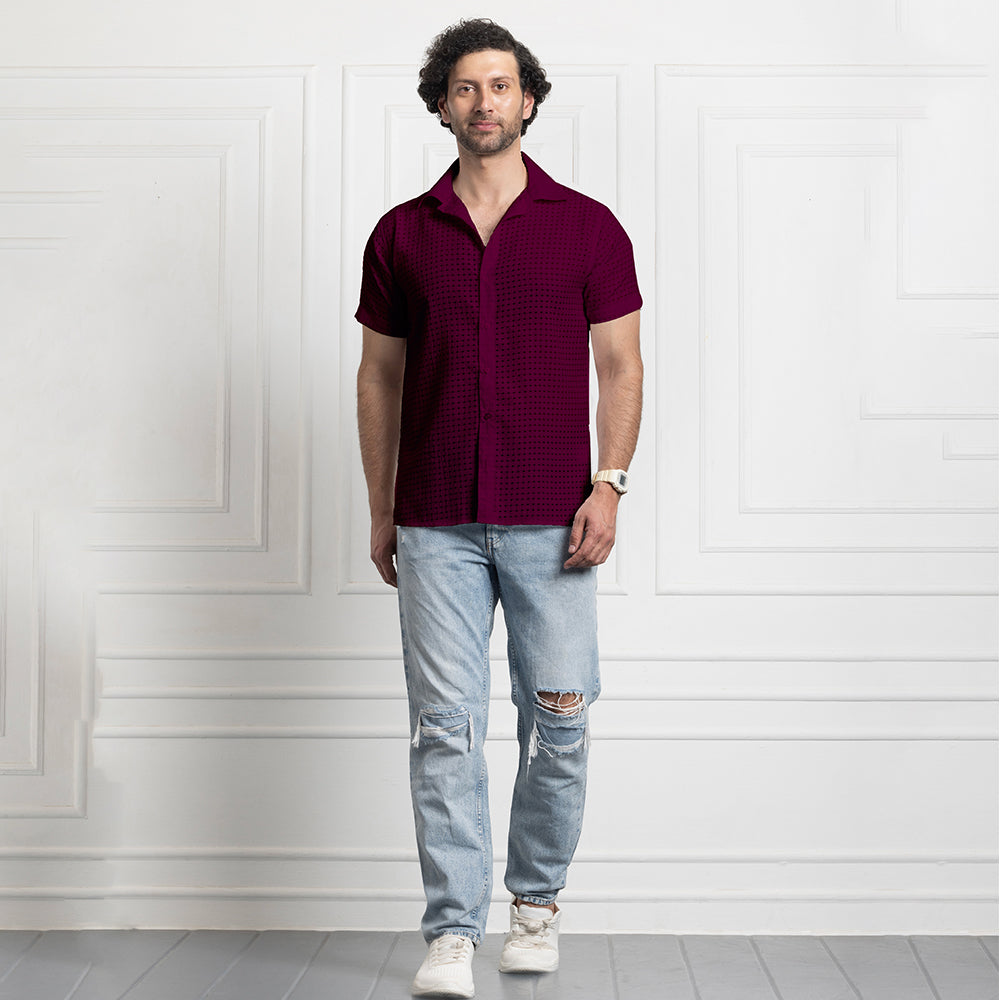 Men's Net Self Cuban Collar Casual Shirt Purple Filo Hevis