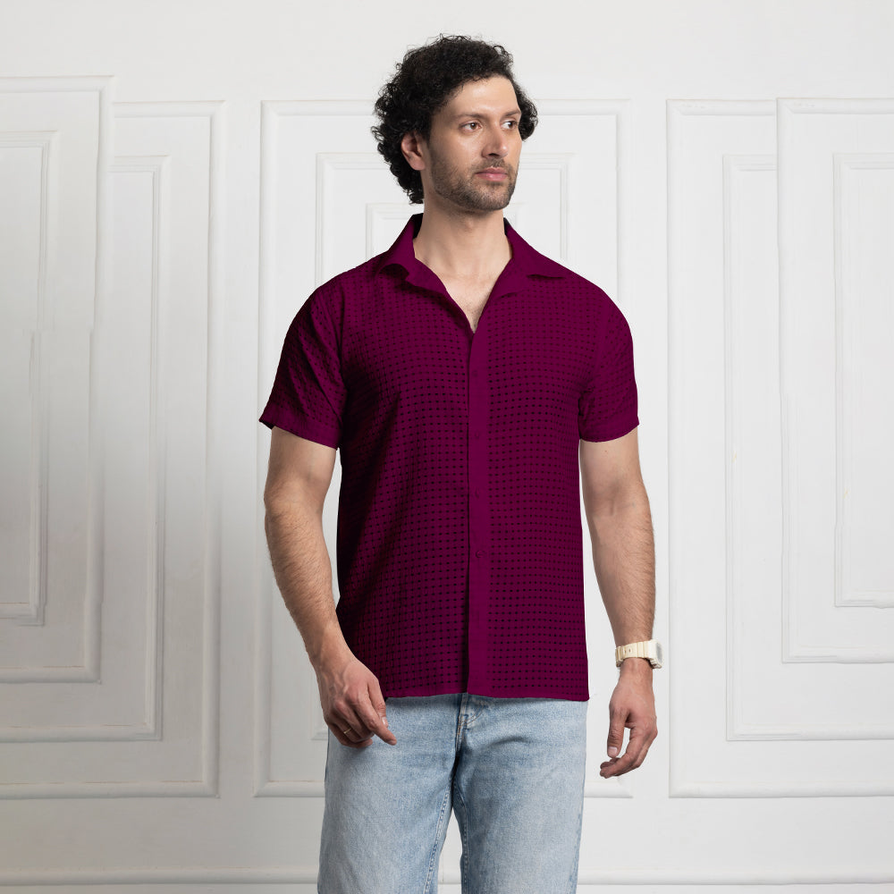 Men's Net Self Cuban Collar Casual Shirt Purple Filo Hevis