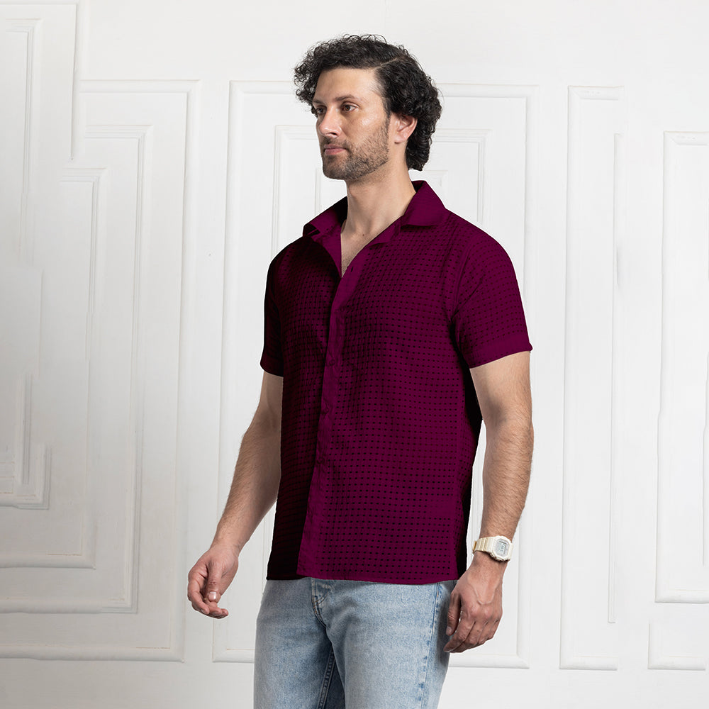 Men's Net Self Cuban Collar Casual Shirt Purple Filo Hevis