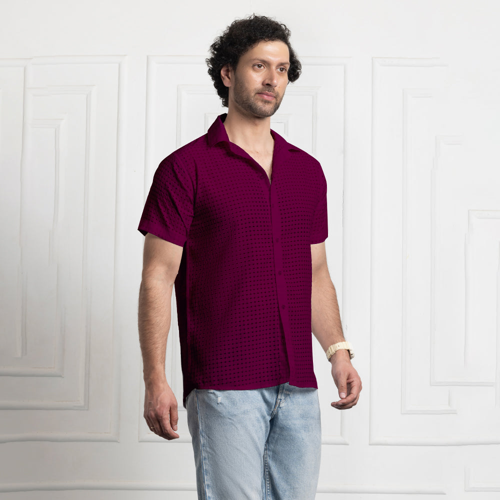 Men's Net Self Cuban Collar Casual Shirt Purple Filo Hevis