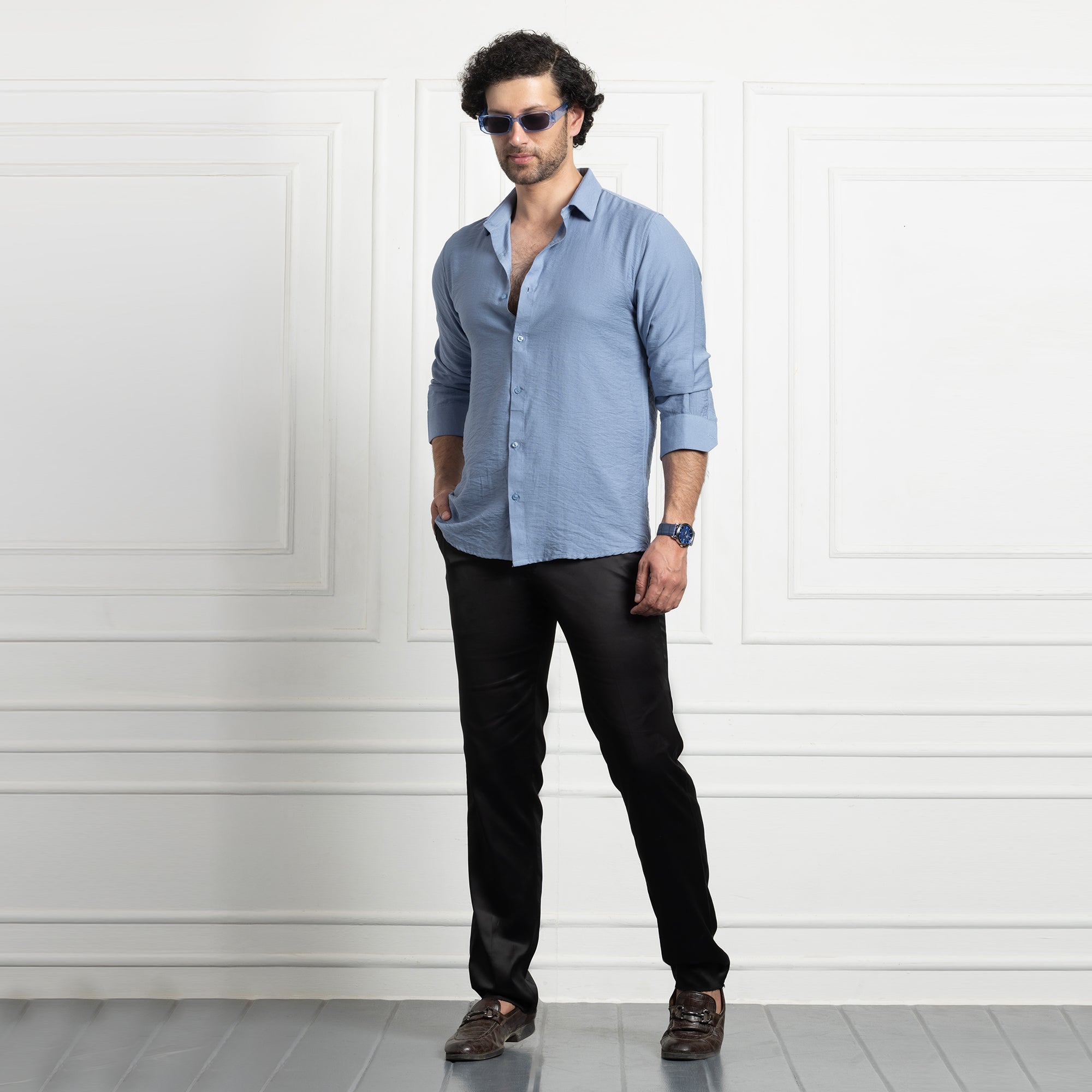 IMPORTED LINEN SHIRT FOR THE MODERN MEN | IRON FREE CASUAL (SYNTHETIC LINEN) SHIRT--Blue