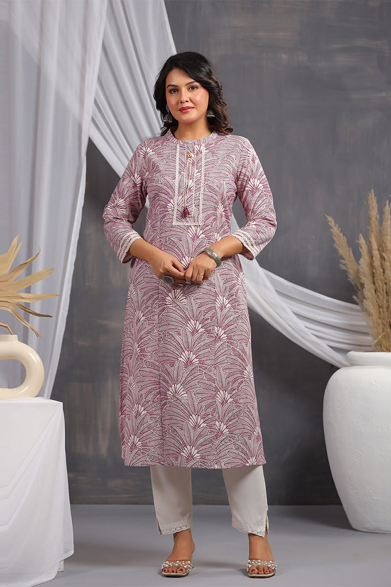 Leaf Print Cotton Mandarin Collar Straight Long Kurti- Purple