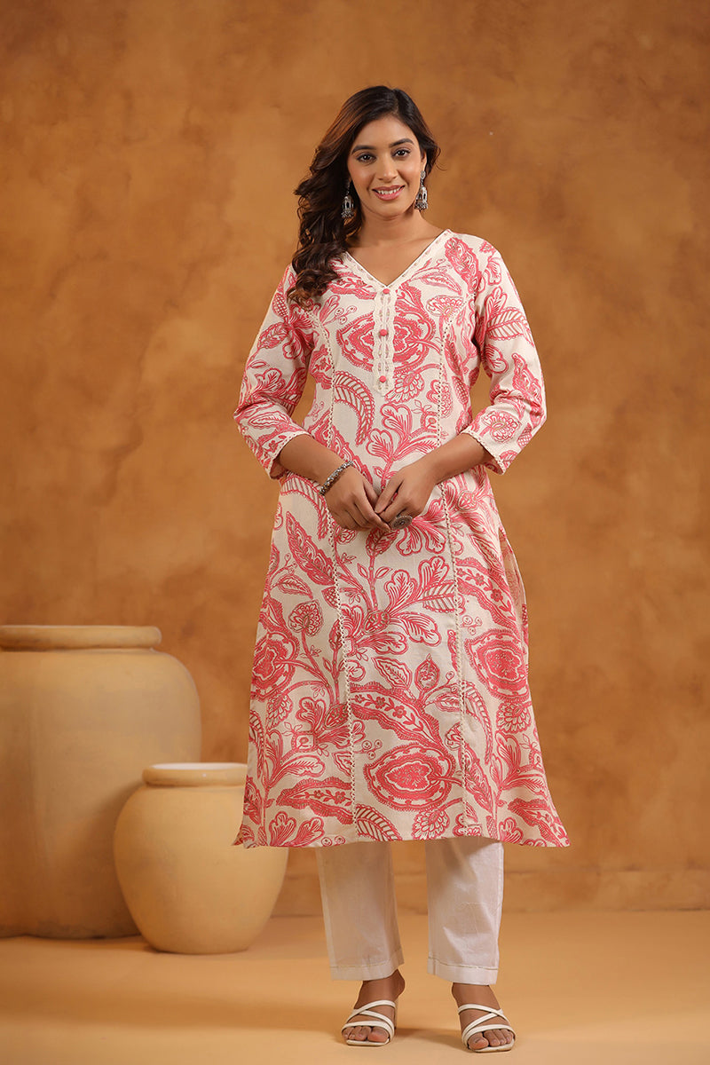 Floral Print Cotton V-Neck A-Line Long Kurti- Pink & Cream