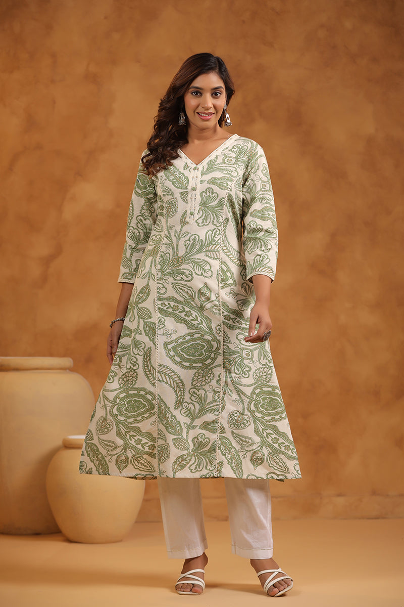 Floral Print Cotton V-Neck A-Line Long Kurti- Green & Cream