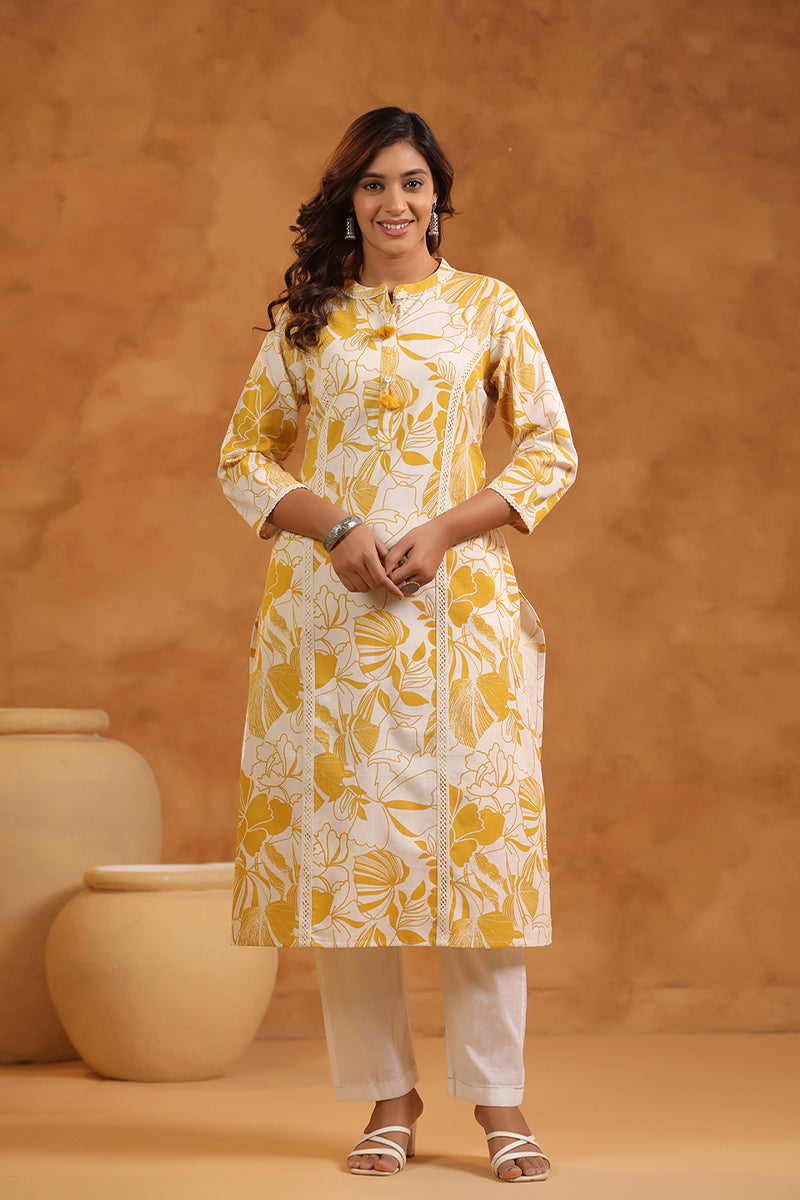 Floral Print Cotton Mandarin Collar Straight Long Kurti- Yellow & Cream