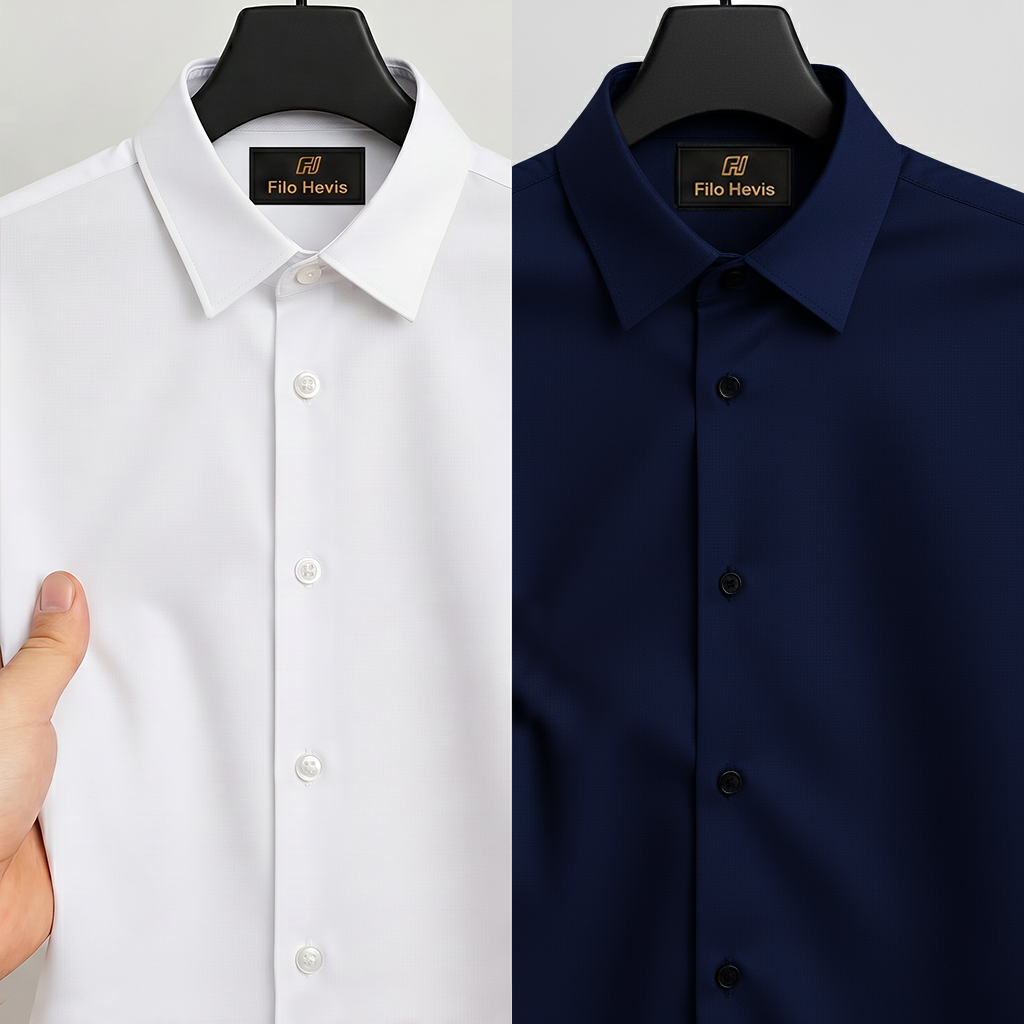 Combo of 2 Anti Wrinkle Imported Satin formal Shirt White & Navy Blue My Store