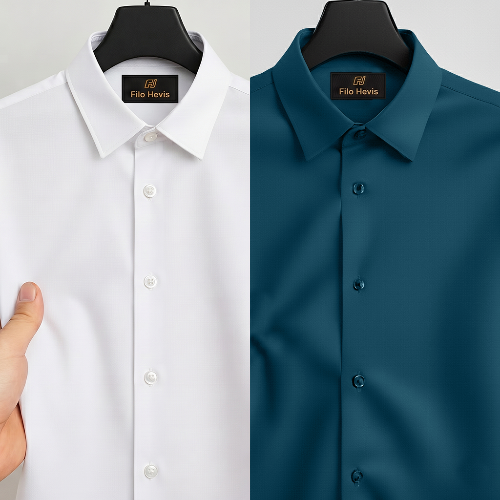 Combo of 2 Anti Wrinkle Imported Satin formal Shirt White & Teal Blue My Store