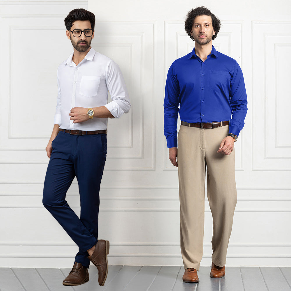Combo of 2 Premium Cotton Formal Shirts – White & Royal Blue | Single Pocket | Smart Fit My Store