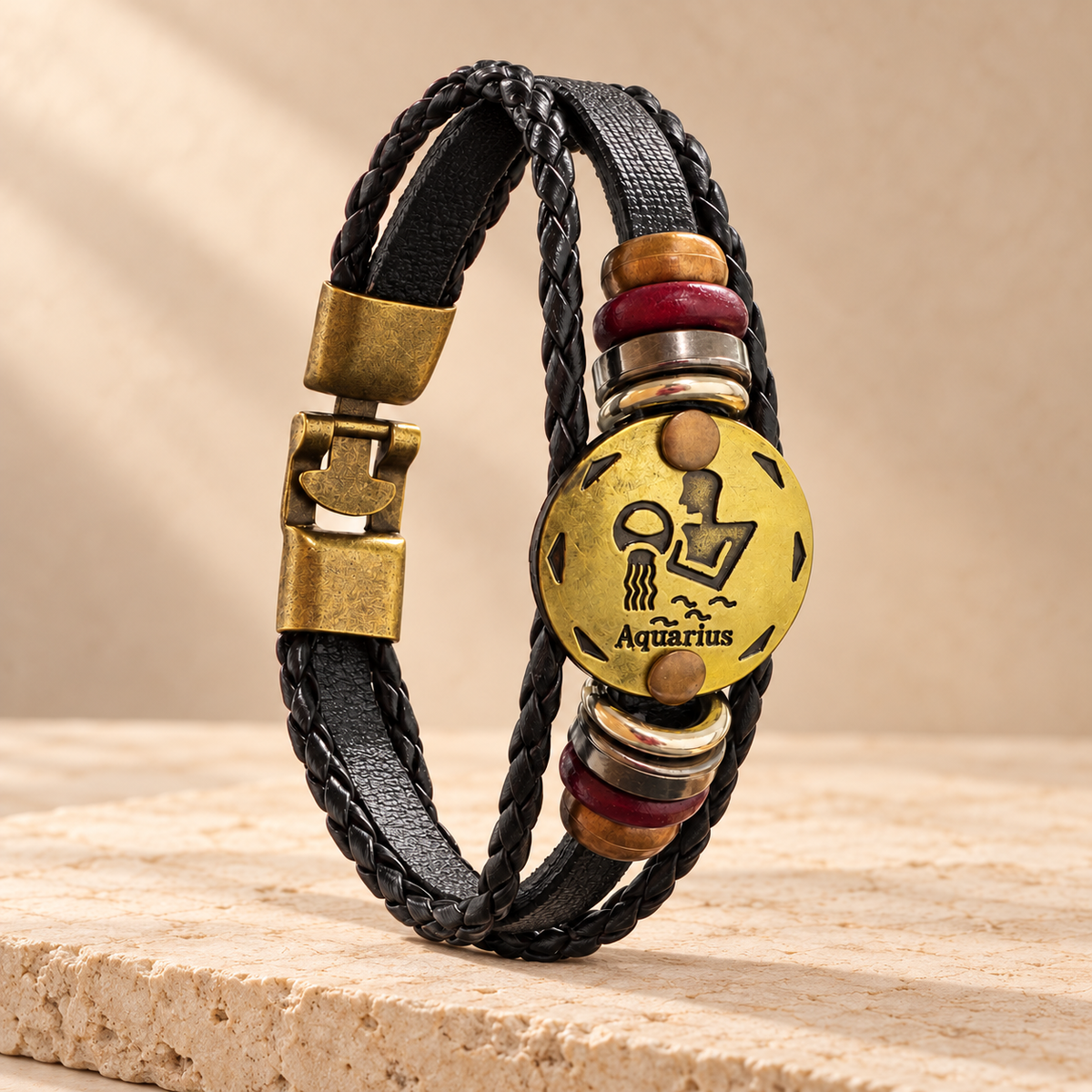 Aquarius (Kumbh Rashi) Celestial Zodiac Leather Bracelet with Brass Signet