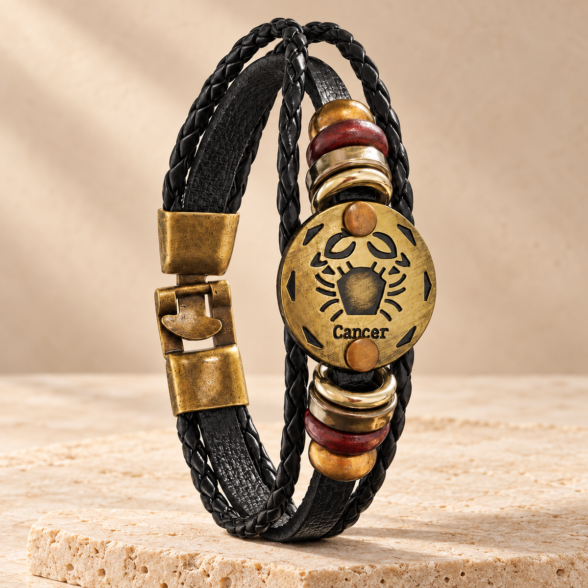Cancer (Kark Rashi) Celestial Zodiac Leather Bracelet with Brass Signet