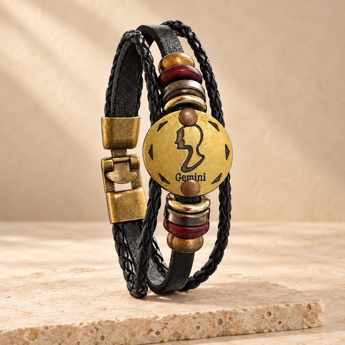Gemini (Mithun Rashi) Celestial Zodiac Leather Bracelet with Brass Signet