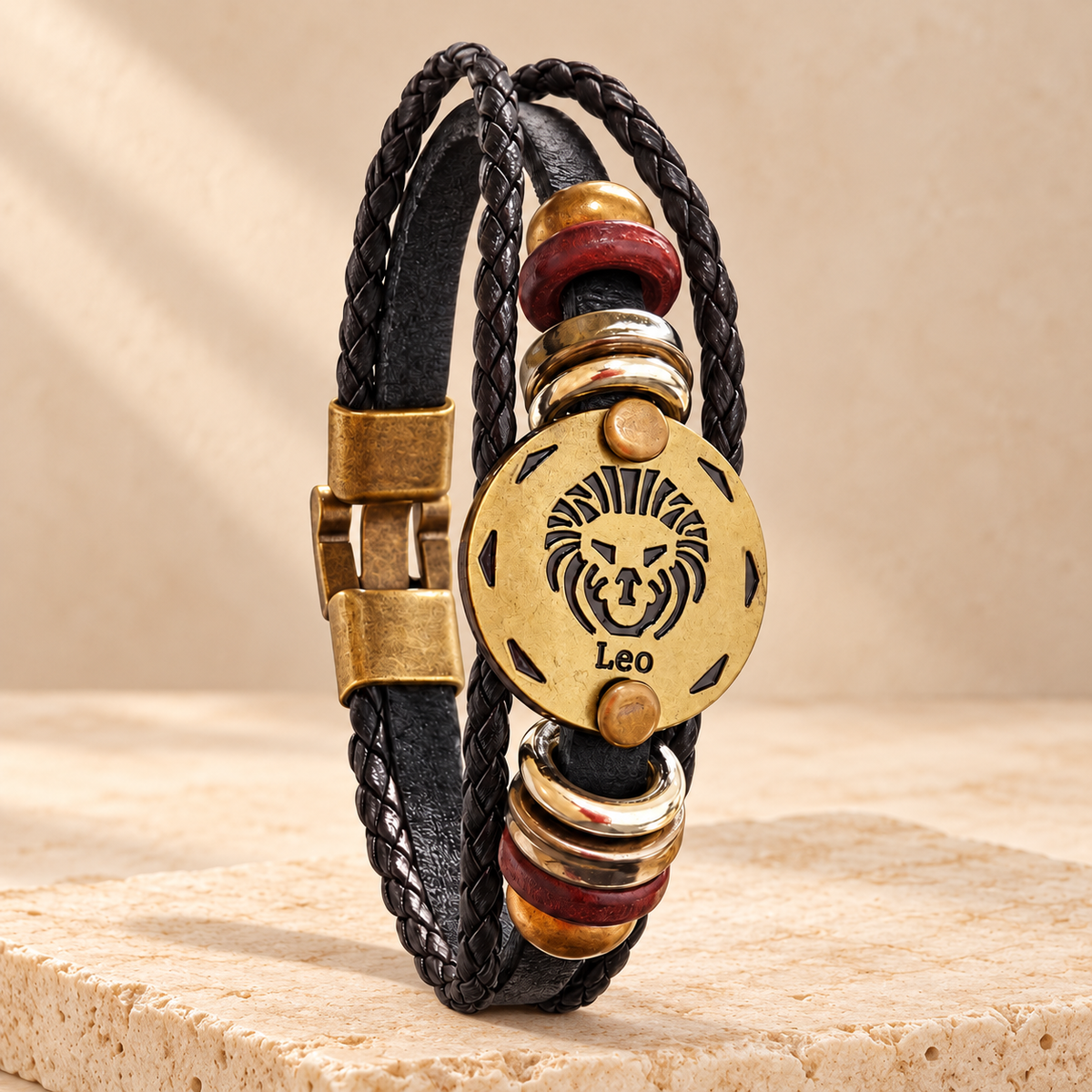 Leo (Singh Rashi) Celestial Zodiac Leather Bracelet with Brass Signet