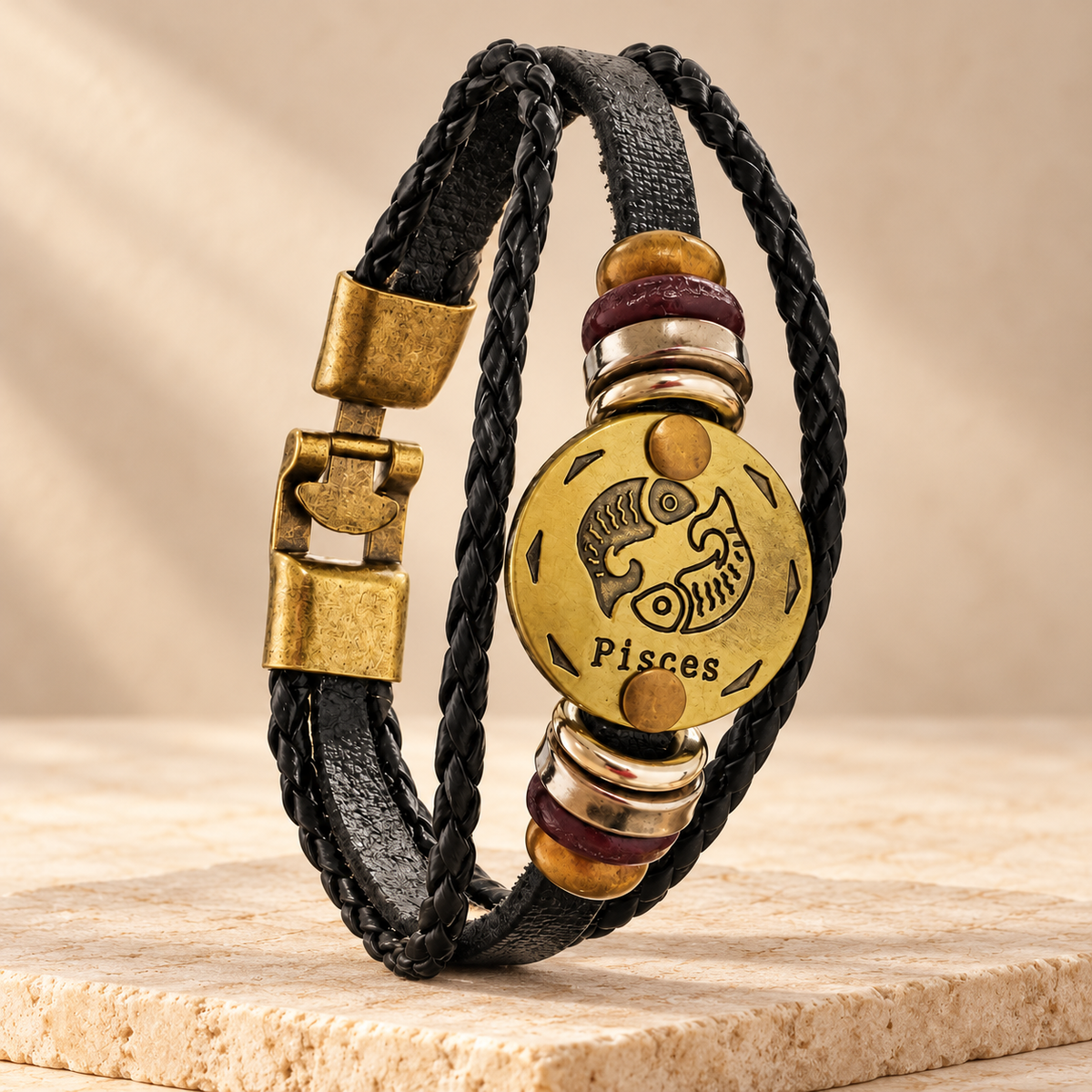 Pisces (Meen Rashi) Celestial Zodiac Leather Bracelet with Brass Signet