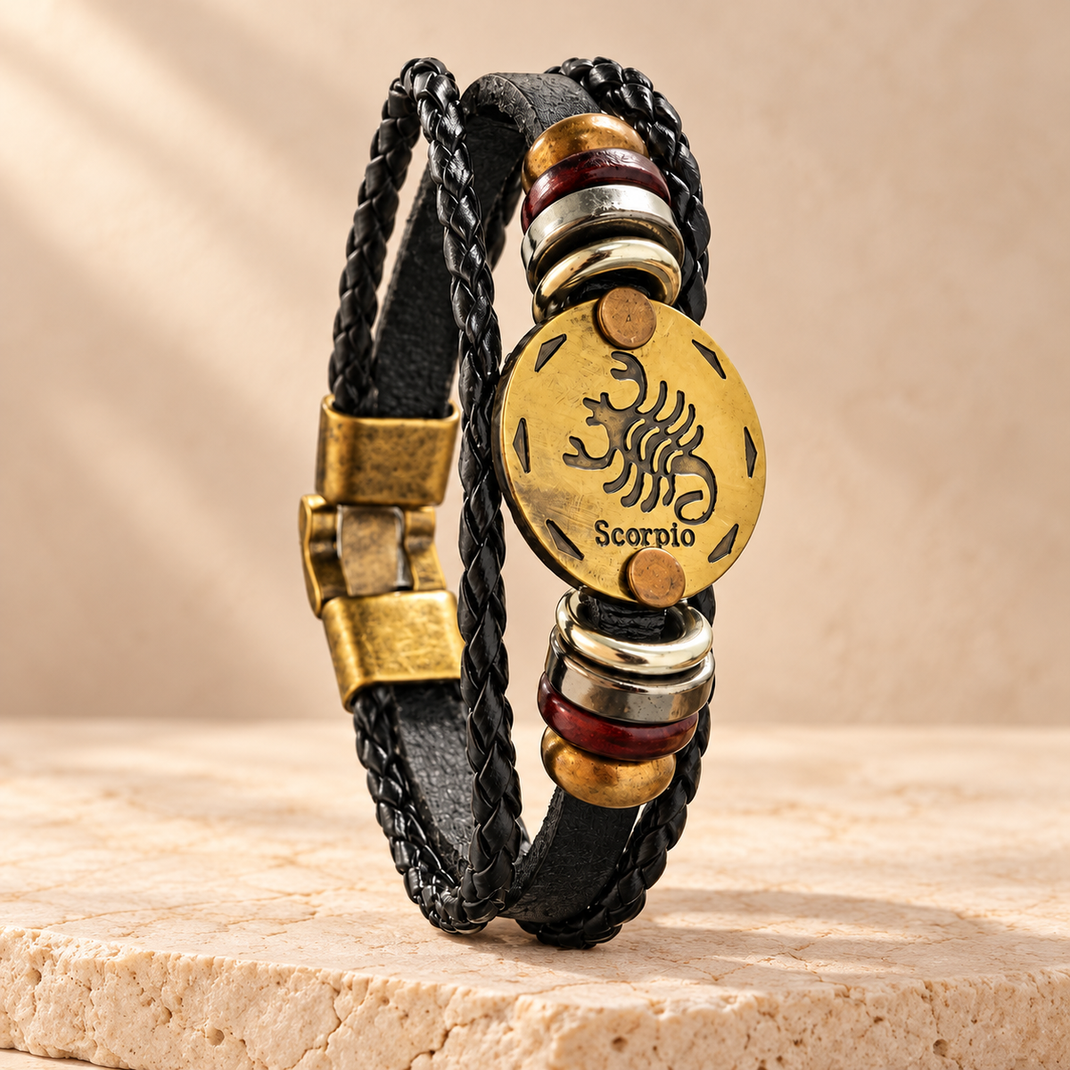 Scorpio (Vrishchik Rashi) Celestial Zodiac Leather Bracelet with Brass Signet