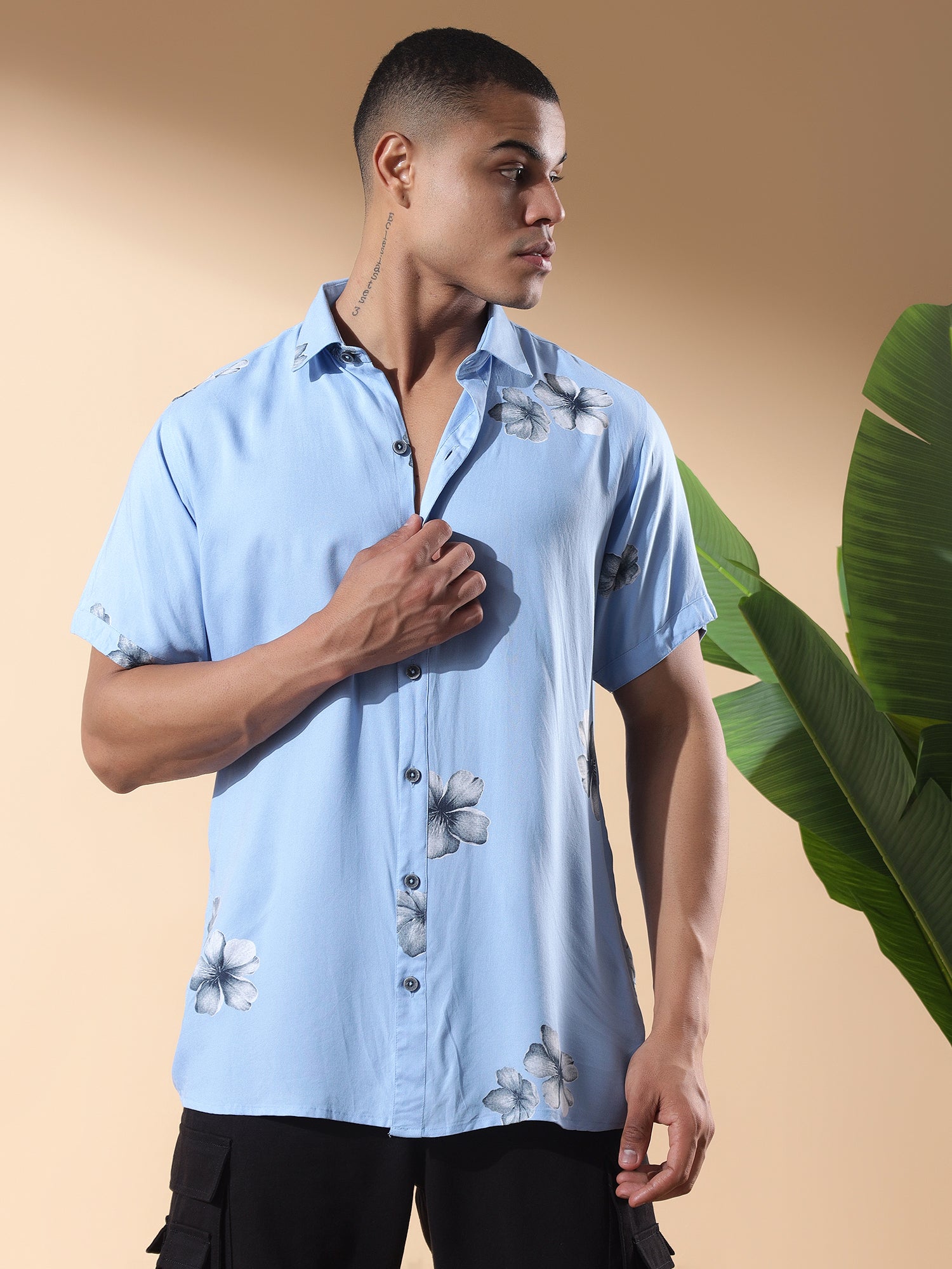 Sky Blue HALF CASUAL PRINTED COTTON SHIRT REGULAR FIT FOR MEN