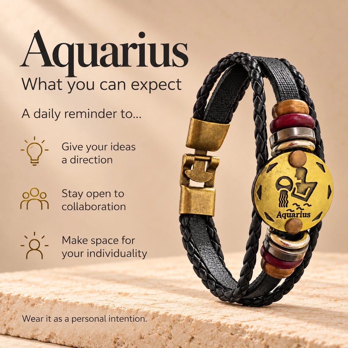 Aquarius (Kumbh Rashi) Celestial Zodiac Leather Bracelet with Brass Signet