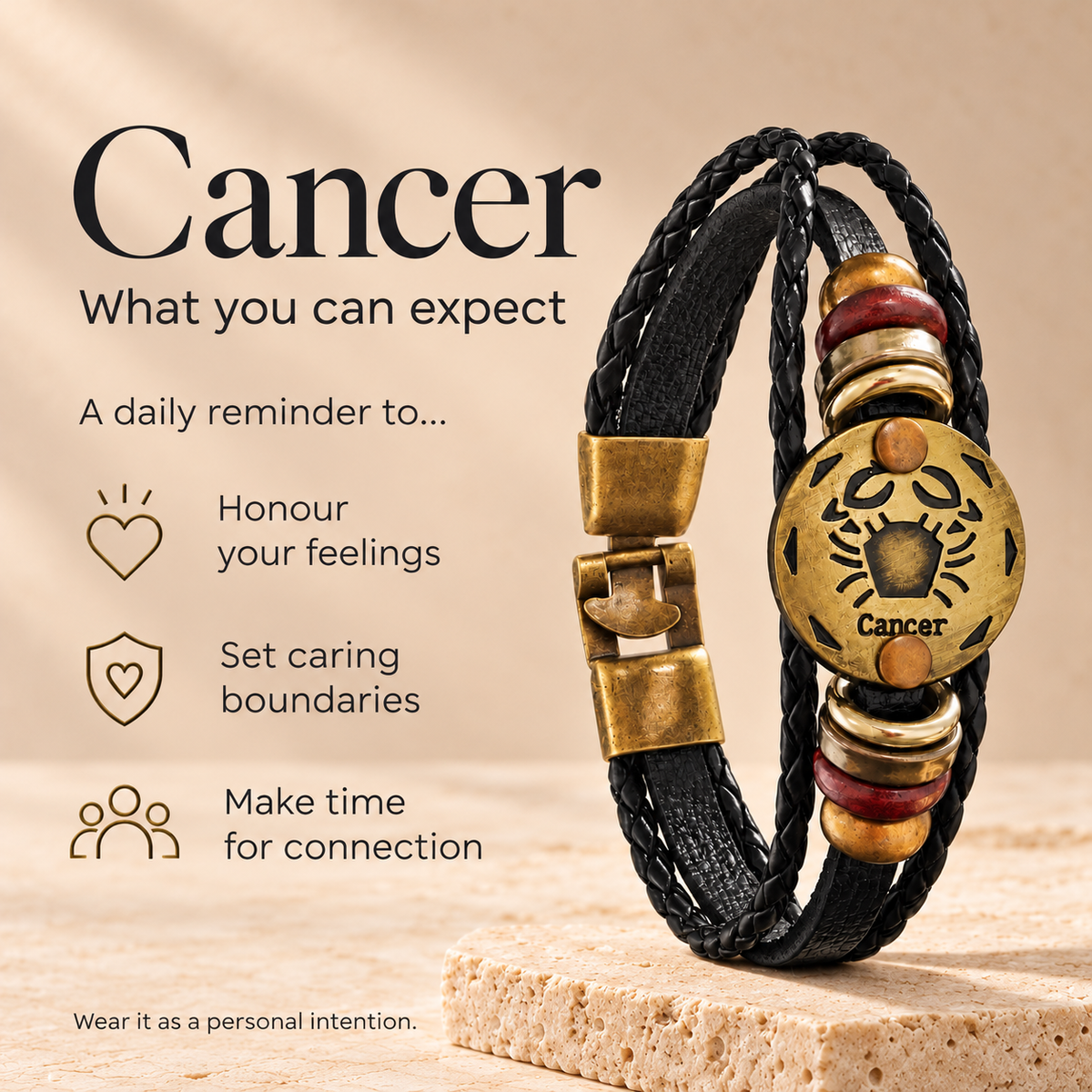 Cancer (Kark Rashi) Celestial Zodiac Leather Bracelet with Brass Signet
