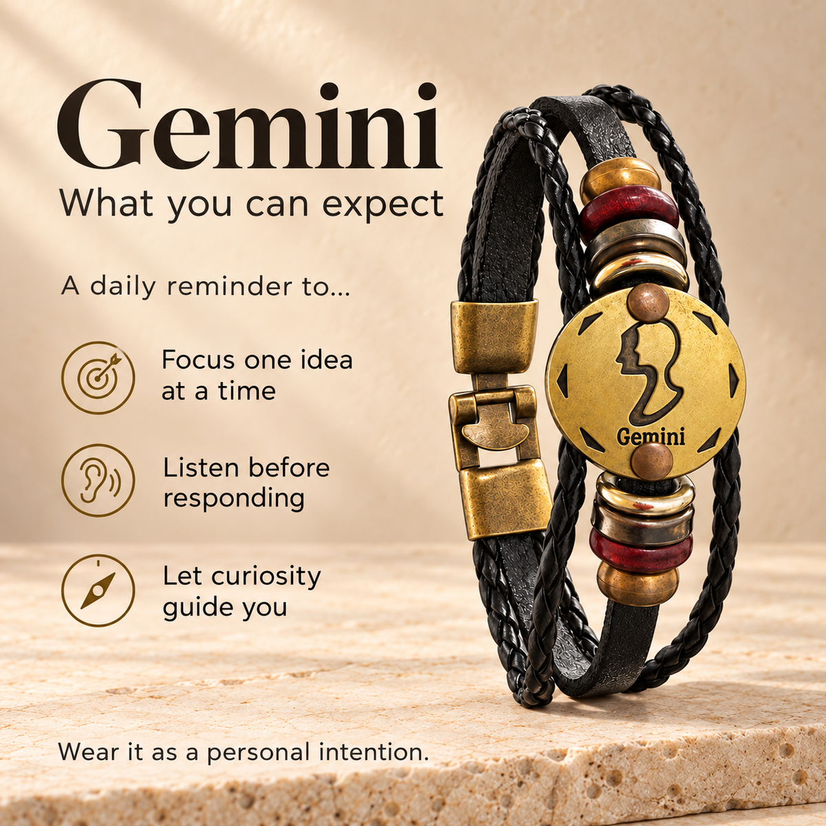 Gemini (Mithun Rashi) Celestial Zodiac Leather Bracelet with Brass Signet