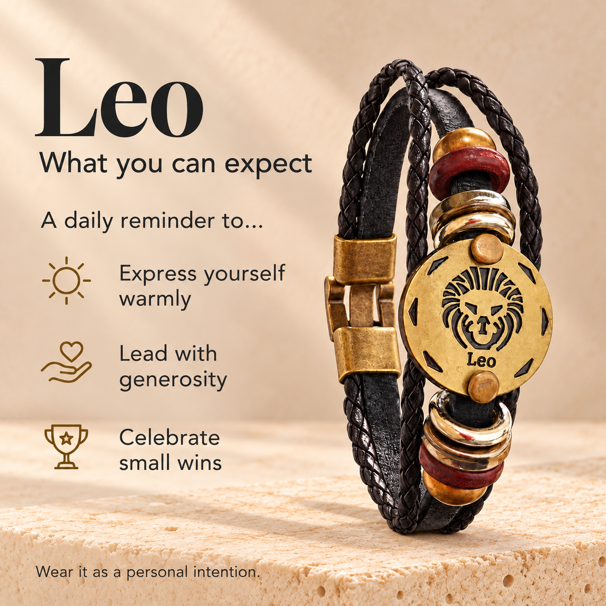 Leo (Singh Rashi) Celestial Zodiac Leather Bracelet with Brass Signet