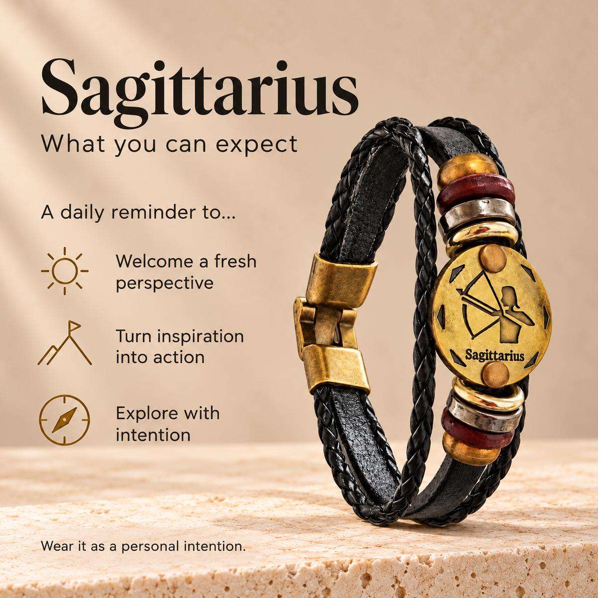 Sagittarius (Dhanu Rashi) Celestial Zodiac Leather Bracelet with Brass Signet