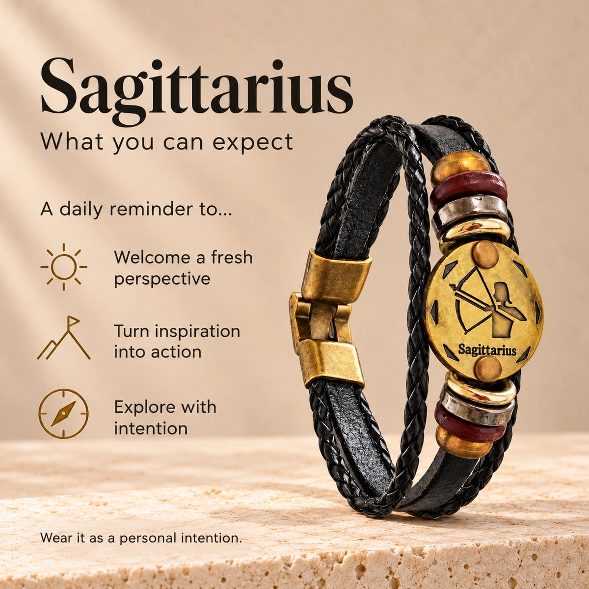Sagittarius (Dhanu Rashi) Celestial Zodiac Leather Bracelet with Brass Signet