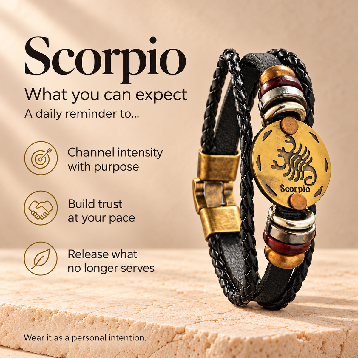 Scorpio (Vrishchik Rashi) Celestial Zodiac Leather Bracelet with Brass Signet