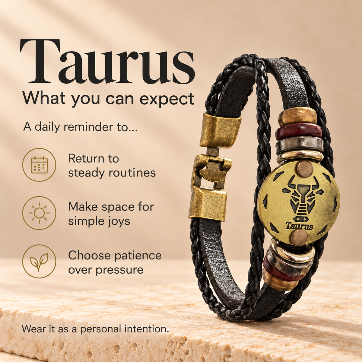 Taurus (Vrishabh Rashi) Celestial Zodiac Leather Bracelet with Brass Signet