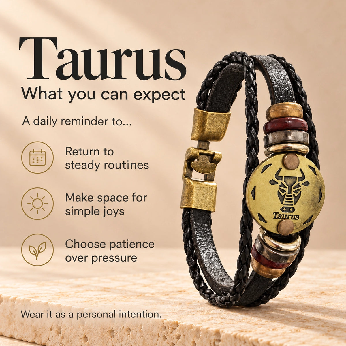 Taurus (Vrishabh Rashi) Celestial Zodiac Leather Bracelet with Brass Signet