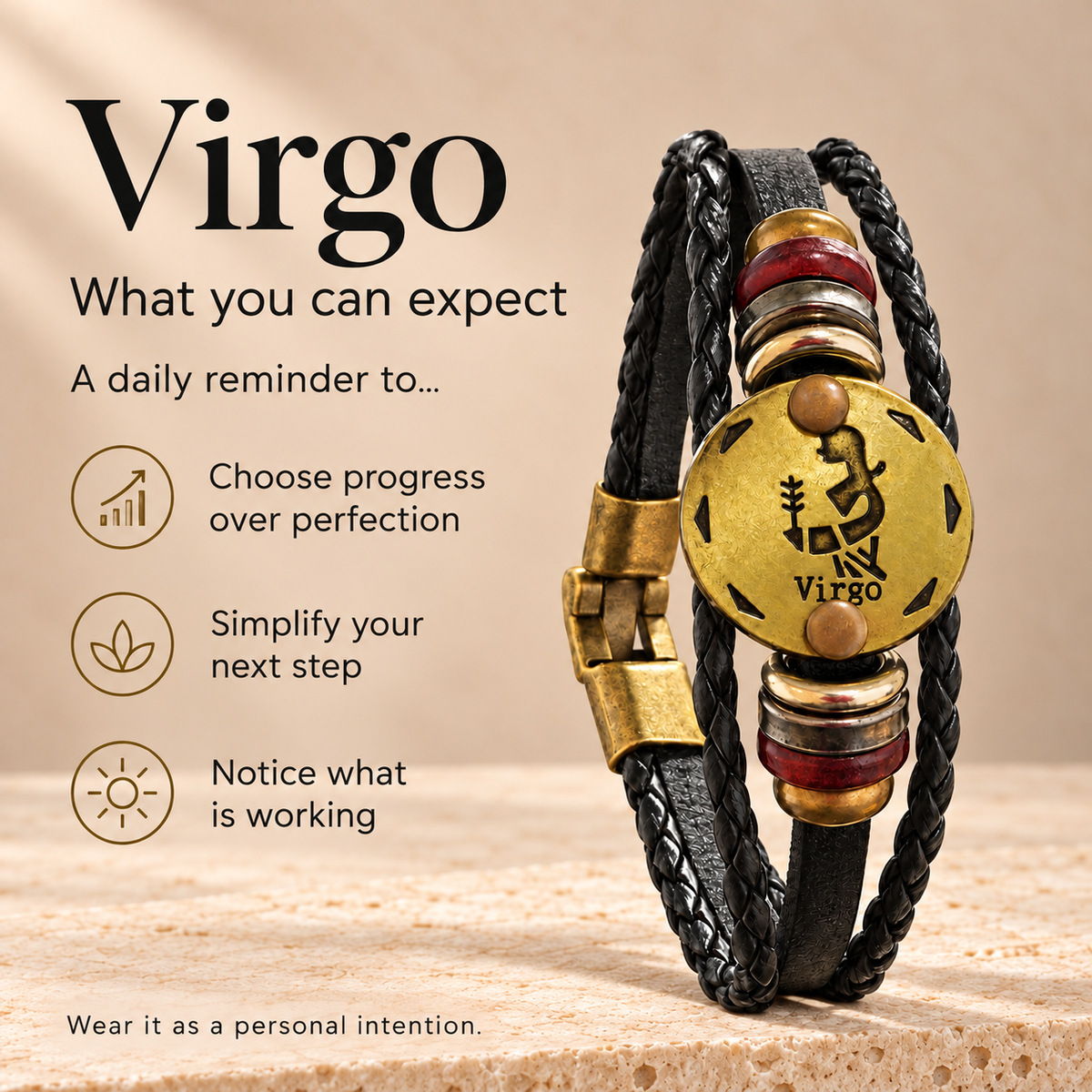 Virgo (Kanya Rashi) Celestial Zodiac Leather Bracelet with Brass Signet