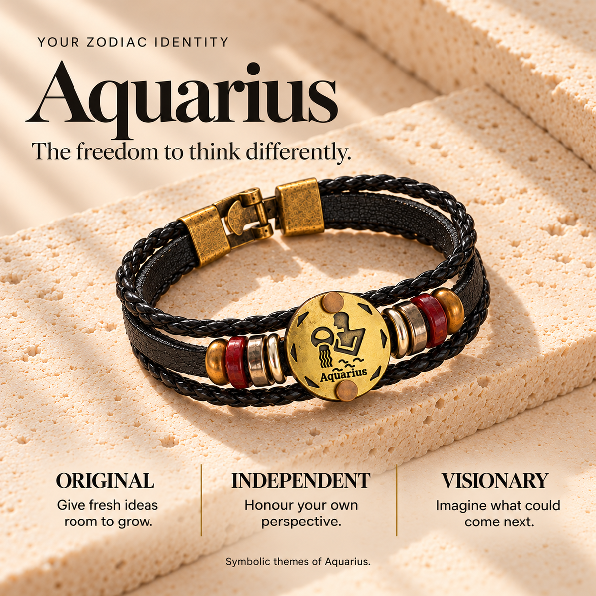 Aquarius (Kumbh Rashi) Celestial Zodiac Leather Bracelet with Brass Signet