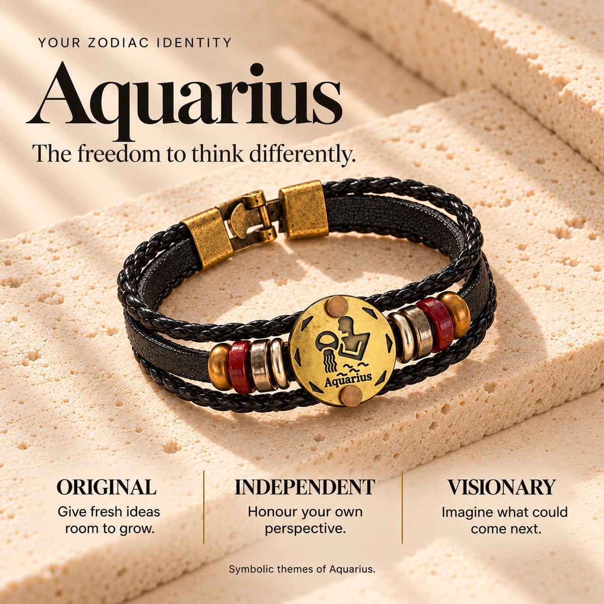 Aquarius (Kumbh Rashi) Celestial Zodiac Leather Bracelet with Brass Signet