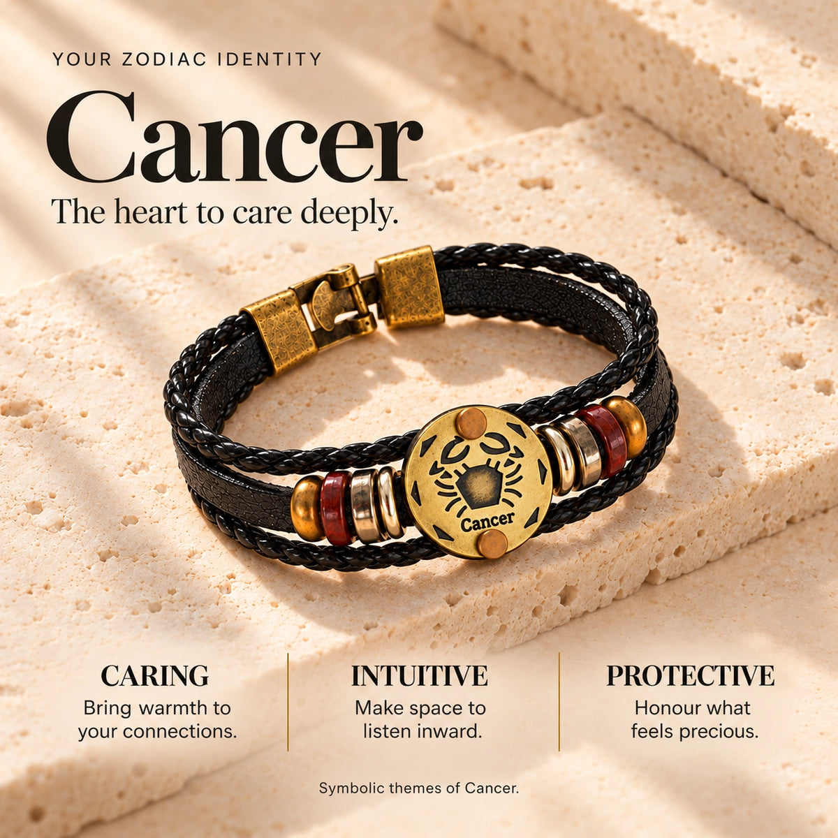 Cancer (Kark Rashi) Celestial Zodiac Leather Bracelet with Brass Signet