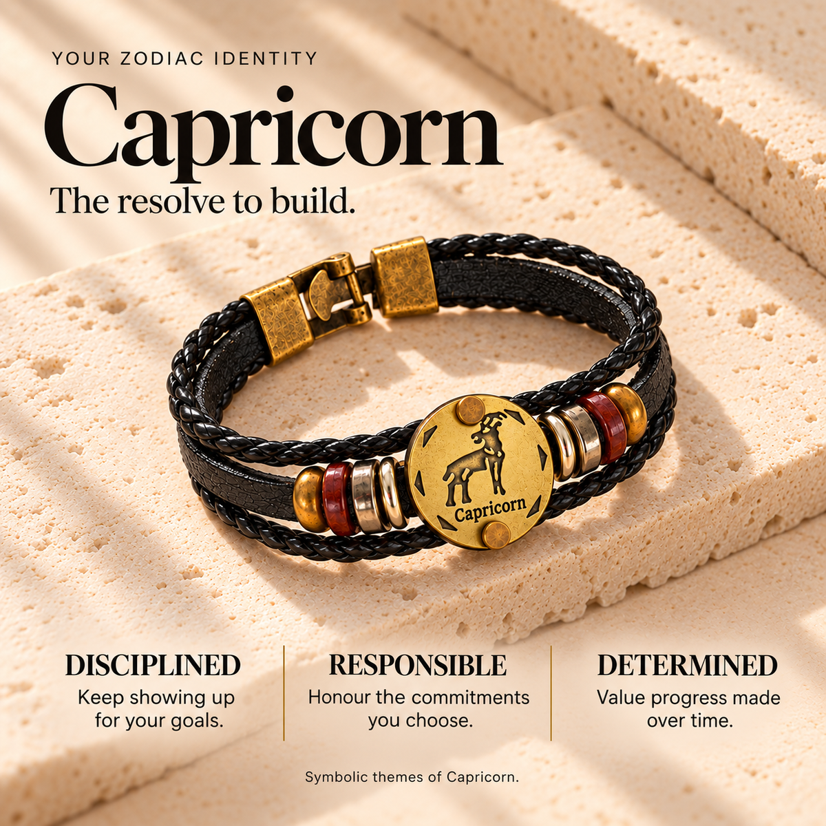 Capricorn (Makar Rashi) Celestial Zodiac Leather Bracelet with Brass Signet