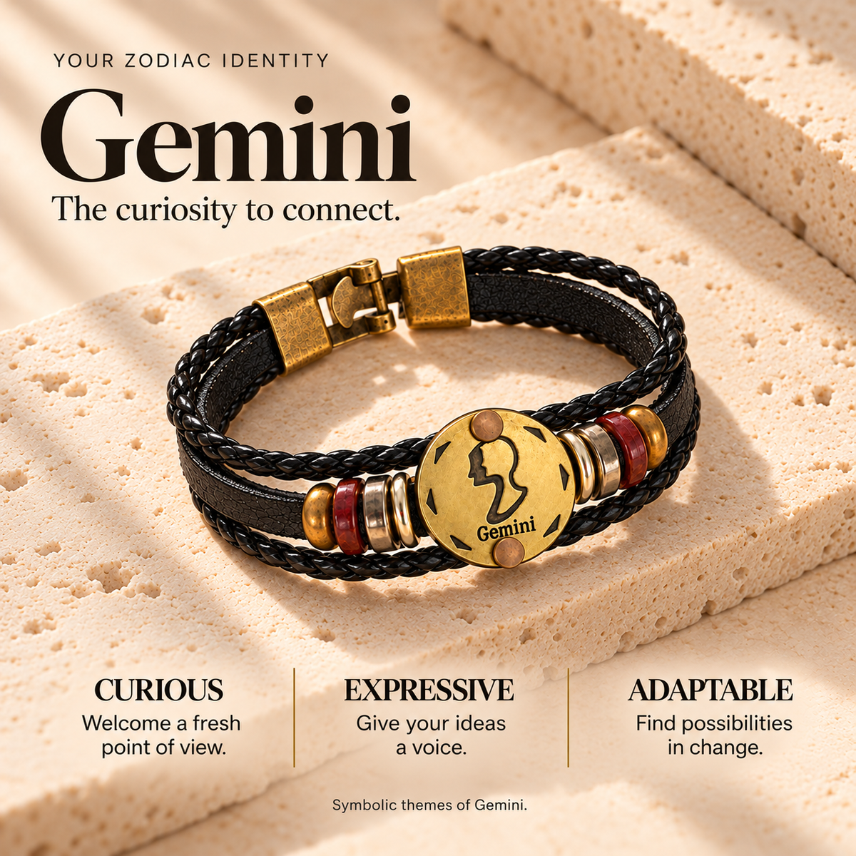Gemini (Mithun Rashi) Celestial Zodiac Leather Bracelet with Brass Signet